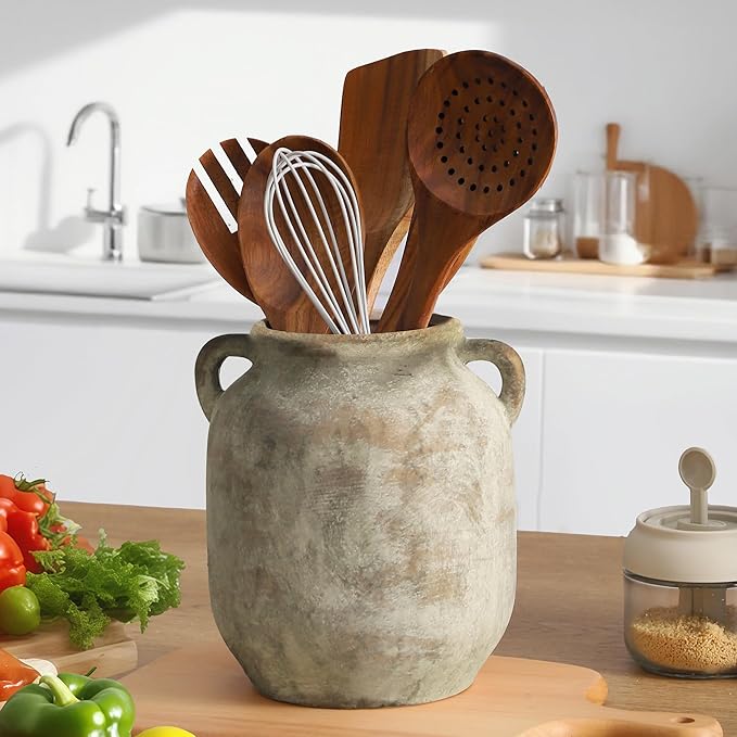 Ceramic Flower Vase Home Decor - 7.6 Inch Farmhouse Rustic Table Vases with Handle Living Room Decoration Decorative Vintage Pottery for Kitchen Shelf Coffee Dining Bookshelf Fireplace Centerpiece-Ruum Studio Home