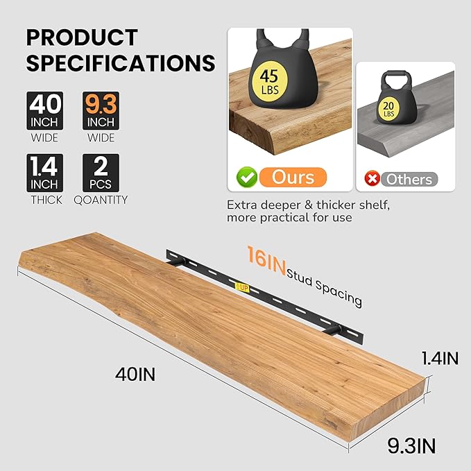 Floating Shelves for Wall, Live Edge 40"W x 9.3"D x 1.5"H Wood Floating Shelf, Set of 2 with Invisible Heavy-Duty Metal Bracket, Deep Floating Shelf for Living Room Kitchen, Natural Finish-Ruum Studio Home