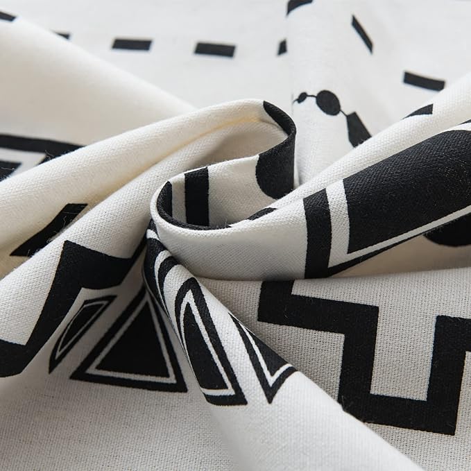 Sutuo Home Black and White Boho Curtain 84 Inches Length for Bedroom, Printed Cotton Linen Geometric Rod Pocket Chic Semi Blackout Bohemian Tassels Window Treatment, 1 Panel 59" W x 84" L-Ruum Studio Home