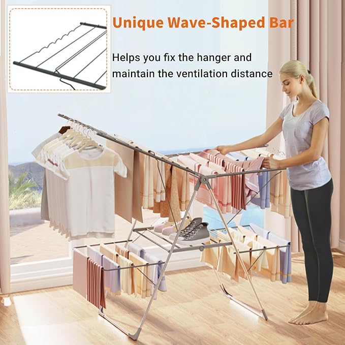 Bigzzia Clothes Drying Rack Foldable, 2-Level Large Laundry Drying Rack Collapsible, Stainless Steel Drying Rack Clothing for Indoor Outdoor, Easy to Fold, 33 Drying Rails, 142cm, Gray-Ruum Studio Home