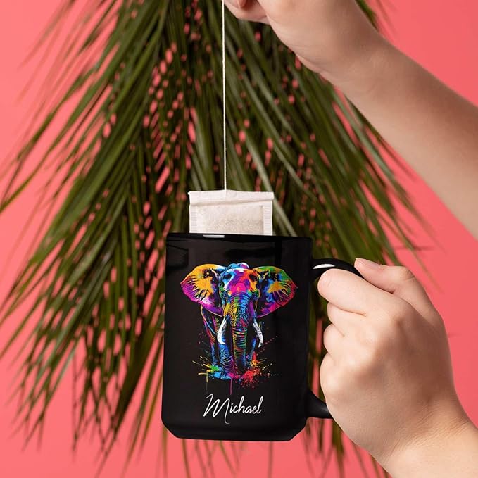 Elephant Coffee Mug 11oz 15oz, Personalized Name Animal Black Cup, Gift For Elephant Lovers, Custom Colorful Animal Design Mug, Gifts For Son Daughter On Birthday-Ruum Studio Home