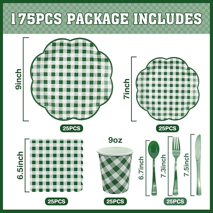 175 Pcs Green Gingham Plates and Napkins Party Supplies - Green and White Checkered Plates Sets Serve 25 Guests - Scalloped Gingham Paper Plate for Birthday Picnic BBQ Golf Party Decorations-Ruum Studio Home