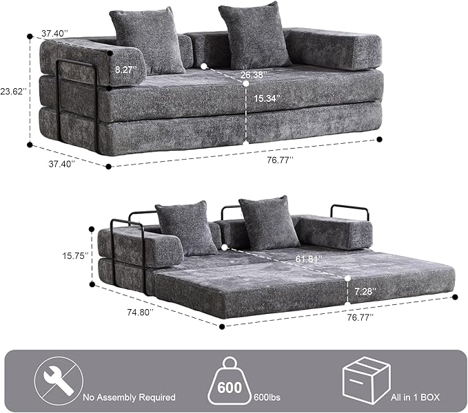 Convertible Sleeper Sofa Bed, Compression Folding Sofa with Pillow, No Assembly Required, Shape Frame, Floor Sofas Lounge Couch for Living Room, Bedroom, Small Spaces(Chenille, 77''W, Dark Grey)-Ruum Studio Home