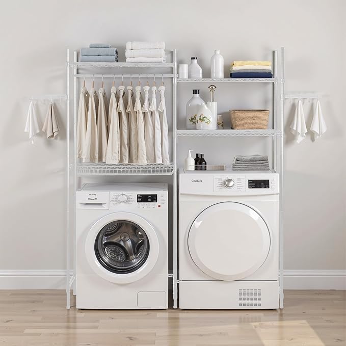 VEVOR Over The Washer and Dryer Storage Shelf, 4 Tier Laundry Room Drying Rack with Hanger Rod and Hooks, Adjustable Over Washer and Dryer Shelves, Laundry Room Shelf Storage Space Saver, White-Ruum Studio Home