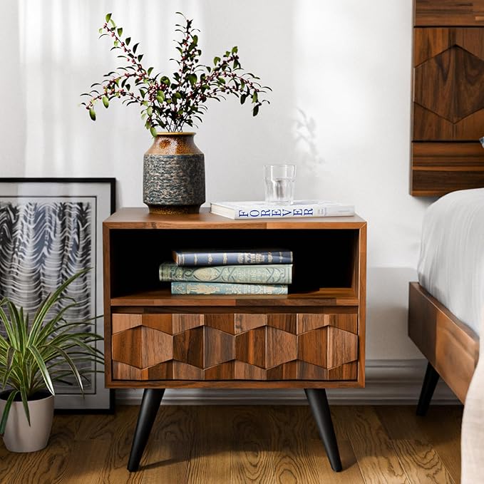 Bme Georgina Solid Wood Nightstand with 1 Drawer & Open Shelf- Fully Assembled Mid Century Modern Side Table - Geometric Pattern Bedside Dresser for Bedroom and Living Room, Dark Chocolate-Ruum Studio Home