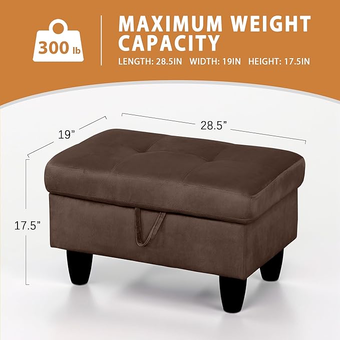 Ottoman Rectangular Storage Ottoman Bench, Flannel Footrest Stool Footstool with Lid for Living Room, Bedroom, Entryway, Chocolate, 28.5"x19"x17.5"-Ruum Studio Home