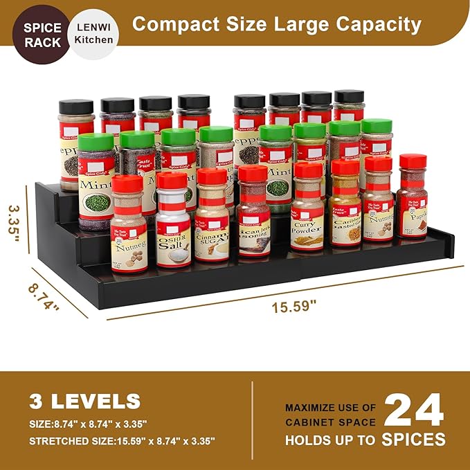 Spice Rack Organizer for Cabinet, 3 Tier Expandable Bamboo Spice Storage, Great for Kitchen Cabinet, Cupboard,Pantry and More(Black)-Ruum Studio Home