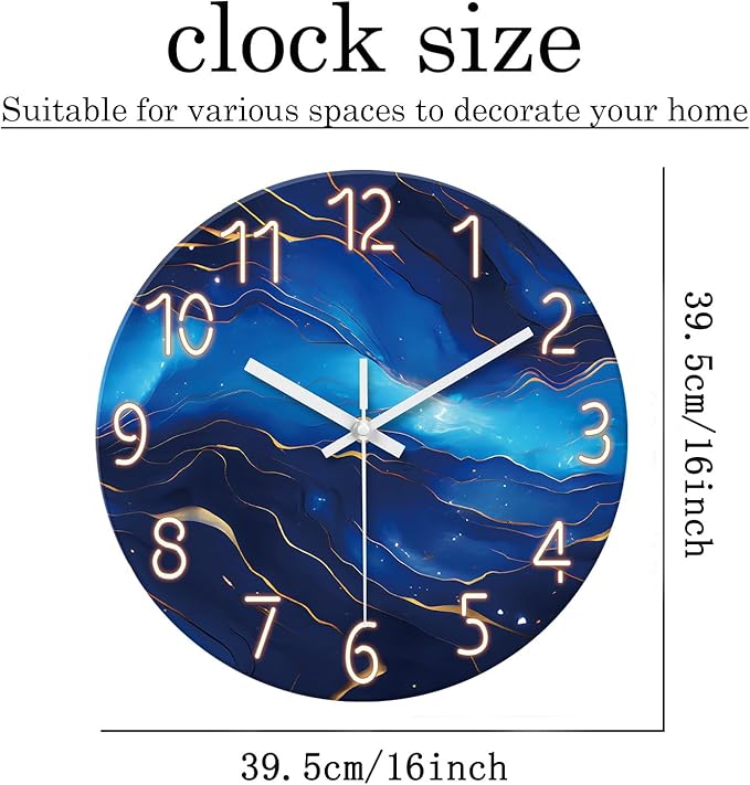 Glass Blue Wall Clocks Battery Operated 16 Inch Marble Pattern Big Clock for Office Abstract Silent Wall Clock Non Ticking-Ruum Studio Home