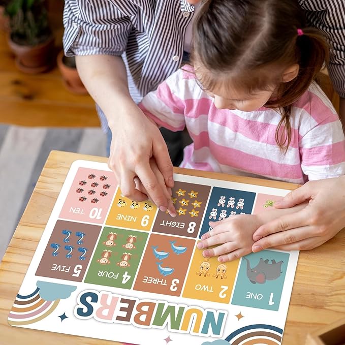 Educational Preschool Kids Placemats Set of 6 Boho Plastic Table Mats Toddler Children Montessori Place Mats for Kids Washable Holiday Desk Decoration for Indoor Outdoor Party Kitchen Dining Table-Ruum Studio Home
