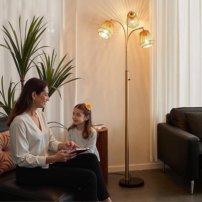 Gold Rattan Floor Lamp for Living Room, 72 Inch Tall Boho Floor Lamp with Rotary Switch, 3 Lights Arc Lamp with Wicker Shade for Coastal,Bohemian,Modern,Tree Farmhouse Standing Lamp-Ruum Studio Home