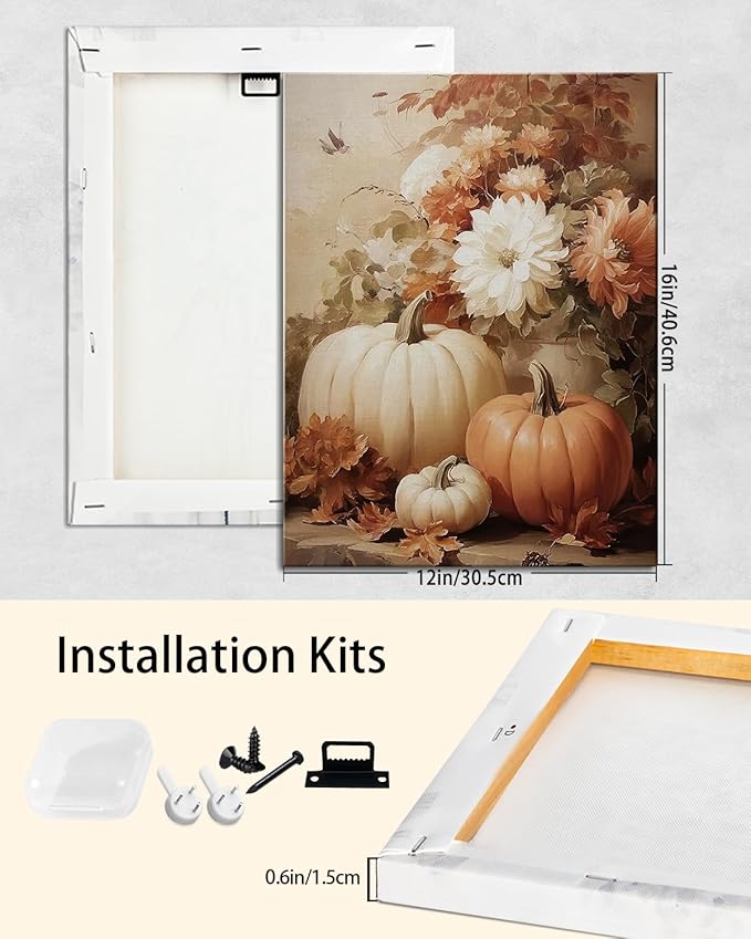 AbcCustomize Vintage Pumpkin Floral Wall Art Decor, Rustic Fall Daisy Flowers Canvas Print for Farmhouse Autumn Decor, Thanksgiving Decorations for Living Room Kitchen Dining Room, Ready to Hang-Ruum Studio Home