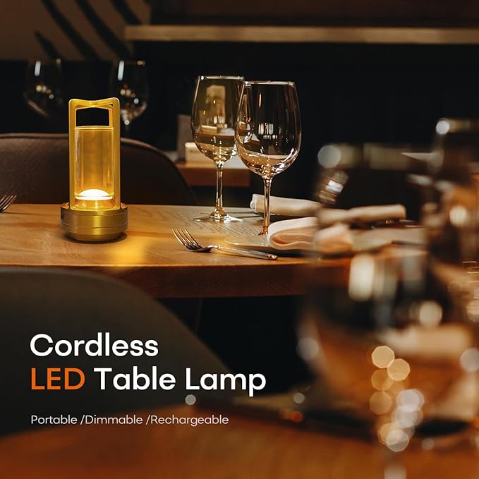 Portable Metal Table Lamp for Indoor/Outdoor ,Rechargeable Cordless LED Lamp, 3-Colour Infinitely Dimming Battery Powered Small Desk Lamp, Restaurant/Bedroom/Bar/Coffee/Camping Light (Gold Set of 2)-Ruum Studio Home