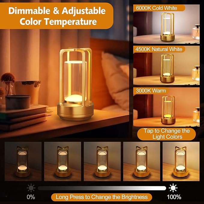 Portable Table Lamp for Outdoor Indoor: Cordless Rechargeable Desk Lamp with 3 Color Stepless Dimmable - Metal Battery Operated Small Lantern Light for Restaurant/Bedroom/Bar/Coffee Shop/Camping-Ruum Studio Home