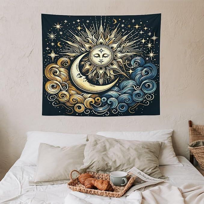 HZOHNAGO Sun Moon Tapestry Boho Golden Stars Pattern Printed Wall Tapestry Wall Hanging for Bedroom Living Room Dorm 60" W x 50" H-Ruum Studio Home