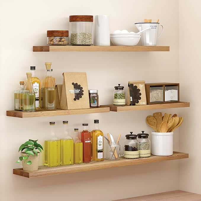 BGMG Wood Floating Shelves 48 inch Set of 2, Rustic Wooden Wall Mount Shelves for Living Room Bedroom Kitchen Farmhouse-48x6.7x1.25 inch- Gold Oak-Ruum Studio Home