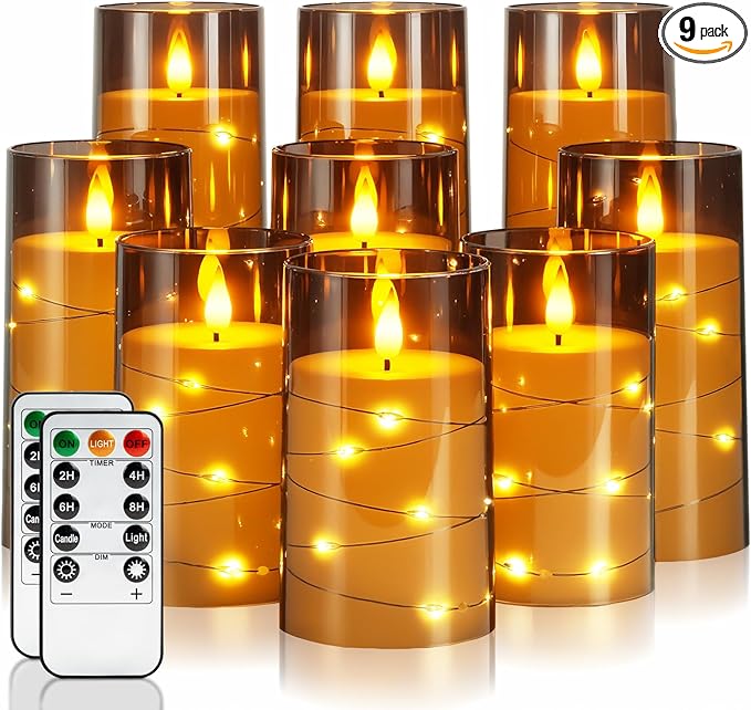 Homemory 9 Pcs Flameless Candles with Embedded Star String Fairy Lights, Battery Operated Candles, LED Fake Candles with Remote Control and Timer, Gray Acrylic-Ruum Studio Home
