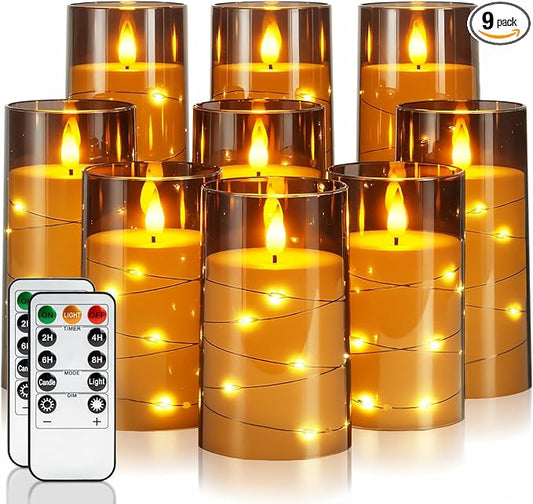 Homemory 9 Pcs Flameless Candles with Embedded Star String Fairy Lights, Battery Operated Candles, LED Fake Candles with Remote Control and Timer, Gray Acrylic