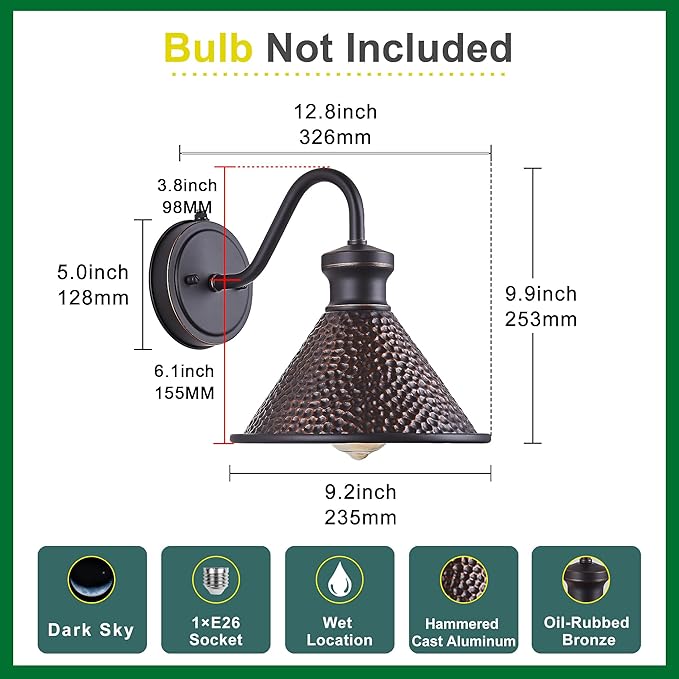 2 Pack Dusk to Dawn Outdoor Wall Light Fixtures Photocell Sensor, Exterior Sconce Light with Cast Hammered Aluminum Shade, Outside Wall Mount Lamp for House Patio Garage Entryway Doorway-Ruum Studio Home