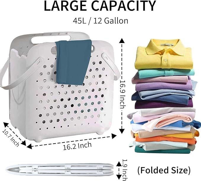 45L Foldable Laundry Basket, Plastic Collapsible Laundry Baskets with Handles, 12 Gallons Dirty Clothes Hamper for Dorm Laundry Room Organization, Freestanding Wall Hanging Laundry Hamper-Ruum Studio Home