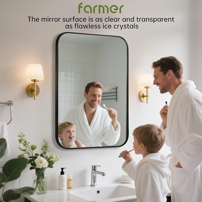 FARMER 24x36 Inch Black Bathroom Mirror, Rectangle Vanity Mirror, Brushed Mirrors for Wall, Metal Frame Hanging Mirror with Round Corner for Bedrooms, Entryways, Living Rooms, Horizontal/Vertical-Ruum Studio Home