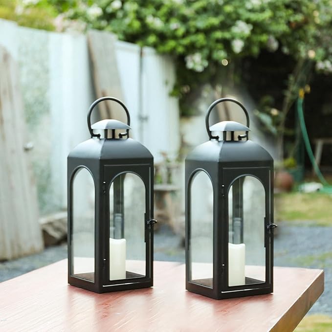 Bdor 2 Pack 16 Inches Metal and Tempered Glass Decorative Lantern with Electronic Wax Effect - Indoor/Outdoor Decorative Lighting, Handcrafted Aesthetic, Perfect for Home, Parties, and Holiday Decor-Ruum Studio Home