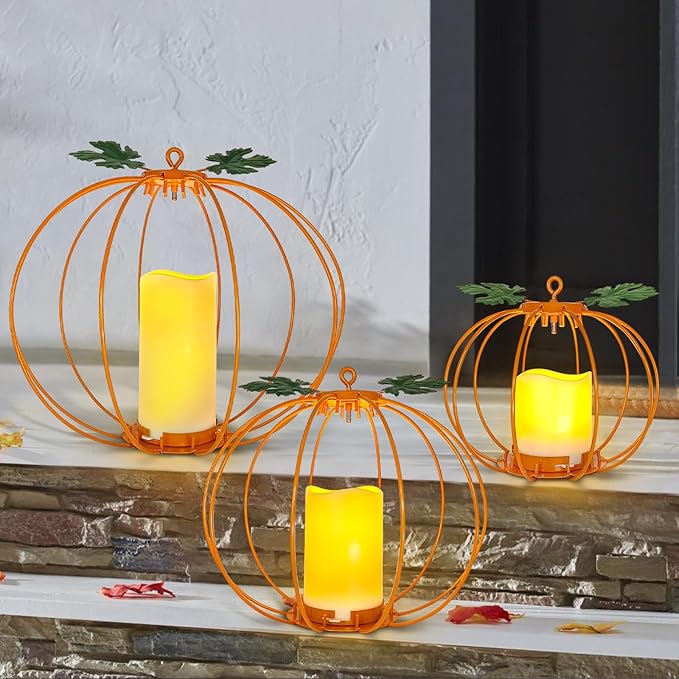 Halloween Metal Pumpkin Candle Holder, 3 Pcs Light up Orange Pumpkin Lantern with LED Flickering Yellow Candle Lights Build in Timer for Thanksgiving Halloween Harvest Fall Home Decor-Ruum Studio Home