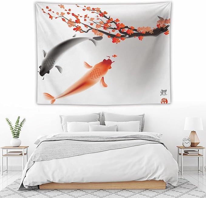 Houselerax Japanese Koi Fish Tapestry, Cherry Blossoms Asian Oriental Flower Branch Koi Fish Carp Tapestries Wall Hanging for Bedroom Living Room Office Decor 80"x60"-Ruum Studio Home