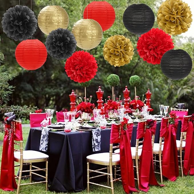 Red-Black Gold Party-Decorations Paper Flowers Lanterns - 15PCS Casino Theme Halloween Tissue Pom Poms Streamers,Game Night Women Men Birthday Wedding Bachelorette Hanging Supplies Decor Hugfond-Ruum Studio Home