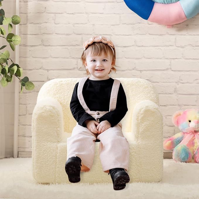 ALIMORDEN Kids Ultra-Soft Snuggle Foam Filled Chair, Toddler Cuddly Sherpa Reading Couch for Boys and Girls, Cream-Ruum Studio Home