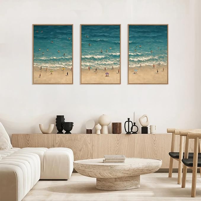 HLNIUC Summer Beach Canvas Wall Art,Modern Minimalist Coastal Landscape Wall Decor Set of 3(16”x24”) Blue Abstract Ocean Wall Painting, Summer Swimming in the Sea Art Print for Living Room,Bathroom-Ruum Studio Home
