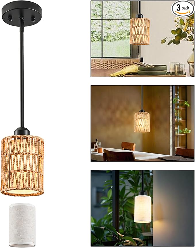 Pendant Light Boho Hanging Lamp, Rattan Hanging Lights with 2 in 1 Linen & Woven Shade, Ceiling Light Fixtures for Kitchen Island, Dining Room, Farmhouse, Bedroom (1 Pack)-Ruum Studio Home