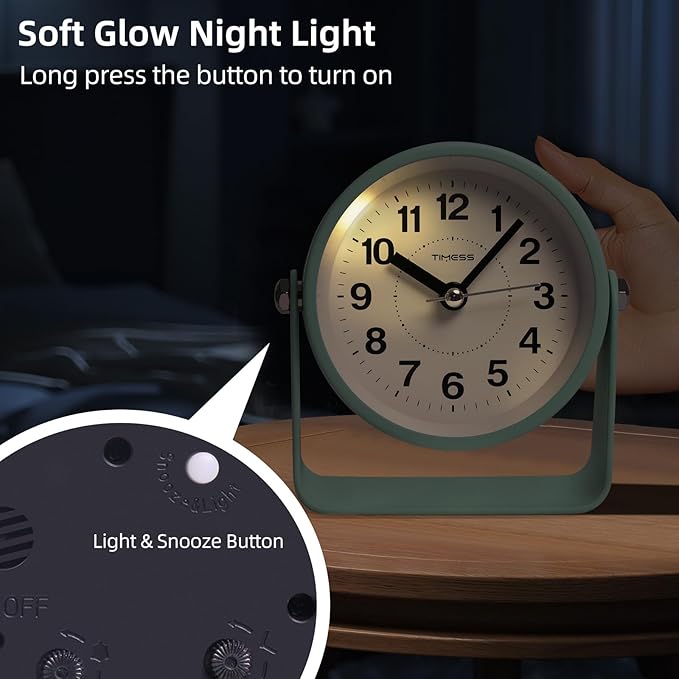 Analog Alarm Clock, Silent Non-Ticking Quartz Movement, Battery-Operated with Snooze & On-Demand Light, Easy to Set Gentle Wake Bedside Desk Clock, Ideal for Home, Travel, Office (Green)-Ruum Studio Home