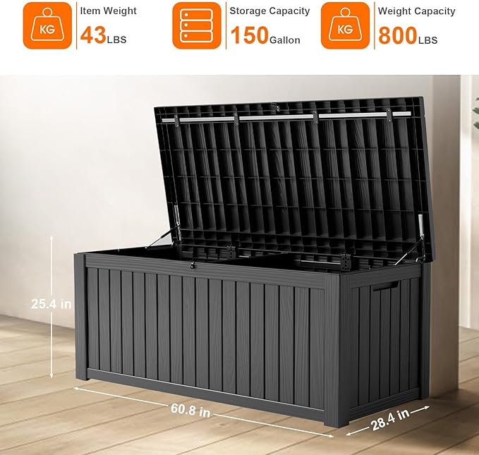 Vixzen 150 Gallon Resin Deck Box, Lockable Outdoor Storage Box for Patio Cushions Storage Furniture,Garden Tools, Pool Supplies, Weatherproof and UV Resistant- Black-Ruum Studio Home