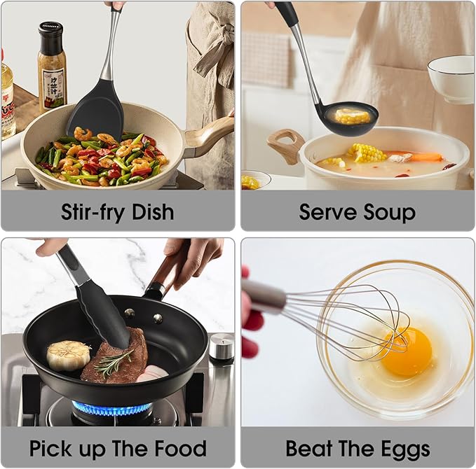 Premium Black Silicone Cooking Utensils Set - Non-Toxic, Heat Resistant& Non-Stick Kitchen Utensils Set with Spatula, Spoon, Whisk, Tongs, BPA Free, Dishwasher Safe, Black-Ruum Studio Home