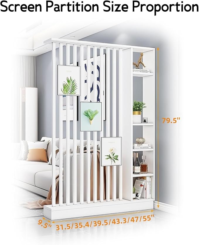 Wall Room Divider, Storage Cabinet Storage Display with Shelves, Modern Freestanding Wood Room Divider Screen, Wall Privacy Screens for Home Decorative (White,35.4" L x 9.5" W x 79.5" H)-Ruum Studio Home