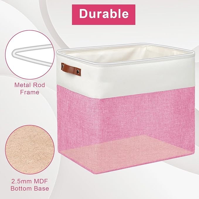 Large Fabric Storage Baskets | 50L Storage Bins, Decorative Linen Closet Baskets with Handles for Organizing, Shelf, Toys, Clothes, Home, Office, Nursery, 17x12x15Inches (Pink&White)-Ruum Studio Home
