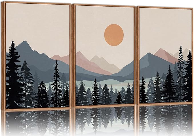 Tinonedraw Boho Mountain Framed Canvas Wall Art Set of 3, Watercolor Nature Landscape Art Prints, Modern Sunrise Art Paintings, Black Pines Tree Forest Wall Decor for Living Room Bedroom Office 16"x24"x3-Ruum Studio Home