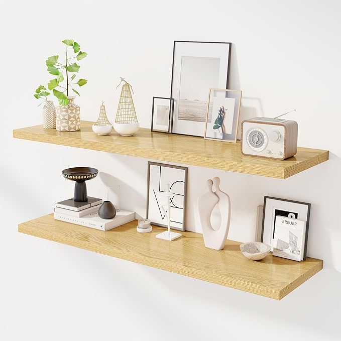 48" Floating Shelves for Wall, 12" Deep Slim Oak Floating Shelves, Wall-Mounted Shelves for Bedroom, Living Room, Kitchen, Bathroom - Set of 2-Ruum Studio Home