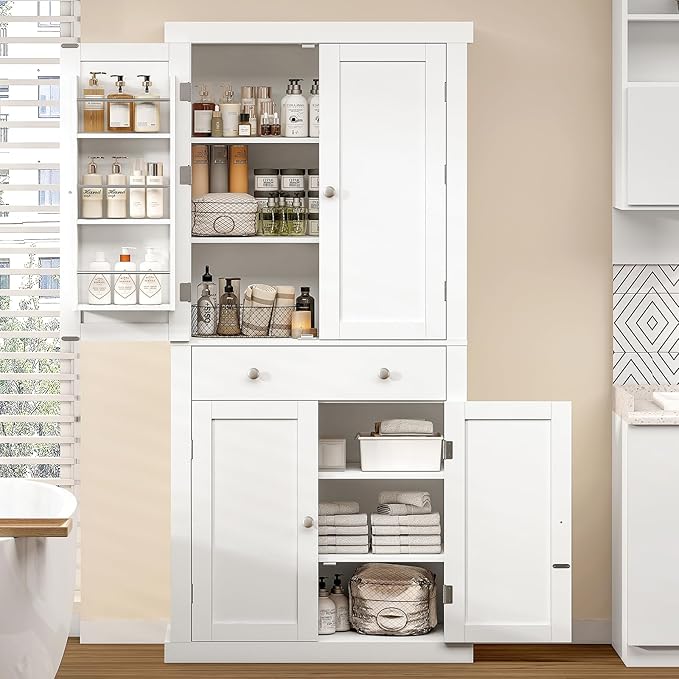 usikey 72” Pantry Cabinet, Tall Kitchen Storage Cabinet with 4 Doors and 1 Drawer, Cupboard with 6 Hanging Shelves and Adjustable Shelves for Kitchen, Dining Room, Living Room, White-Ruum Studio Home