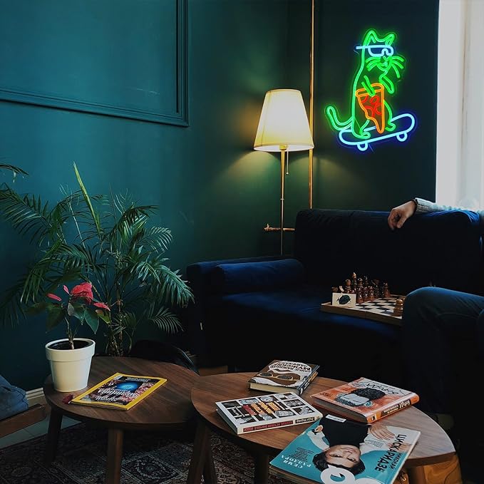 Skateboard Cat Neon Sign LED Cool Glasses Cat Neon Light for Wall Decor Pizza Neon Light Sign Dimmable USB Cat Pizza Light Up Sign for Bedroom Pizza Restaurant Pet Shop Gift (16.7 "*12.2 ")-Ruum Studio Home