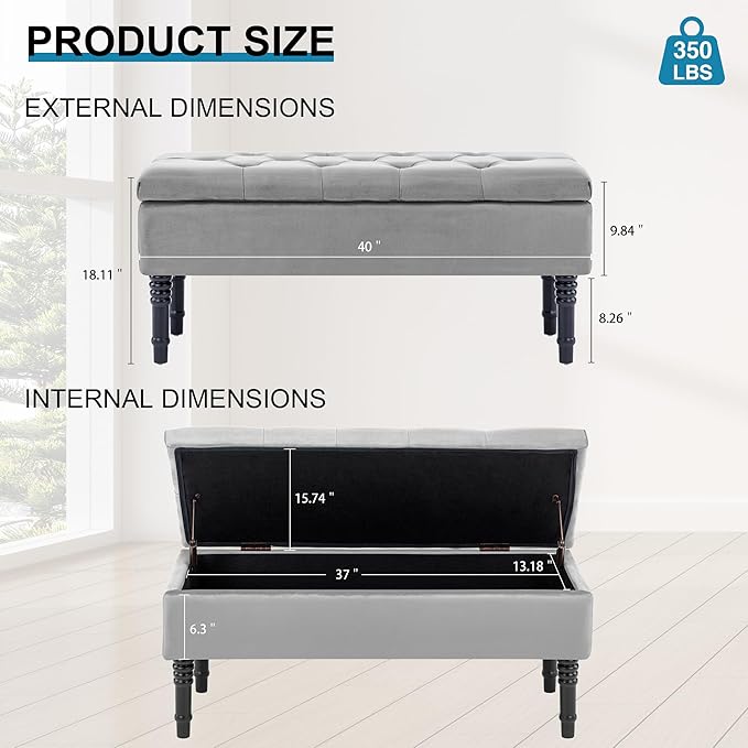 Ottoman with Storage Velvet Storage Bench Holds Up to 500 lbs Ottomans Upholstered Bench with Seating for Bedroom, Living Room, Grey-Ruum Studio Home