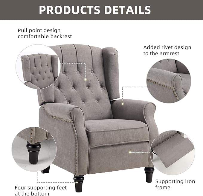 CANMOV Push Back Recliner Chair Set of 2, Modern Fabric Wingback Recliner Chair, Comfy Armchair Single Sofa Accent Chair with Padded Seat and Nailhead Trim, Tufted, Grey-Ruum Studio Home