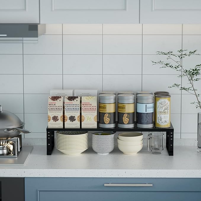 Expandable Spice Rack Kitchen Cabinet Shelf Organizer, Stackable Storage Shelves Racks, Adjustable Counter Shelving for Cabinets, Countertop, Cupboard,Pantry and More(2Packs/Black/Medium)-Ruum Studio Home