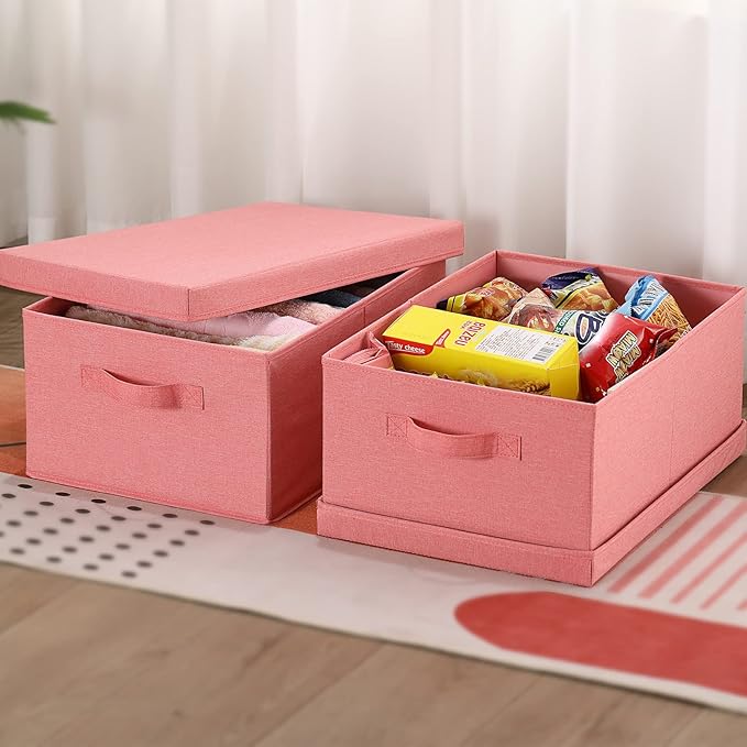 HOONEX Linen Foldable Storage Bins with Lids, 2 Pack, Storage Boxes with Carrying Handles and Sturdy Heavy Cardboard, 16.5" L x 11.8" W x 7.5" H for Shoes, Books, Clothes, Nursery, Pink-Ruum Studio Home