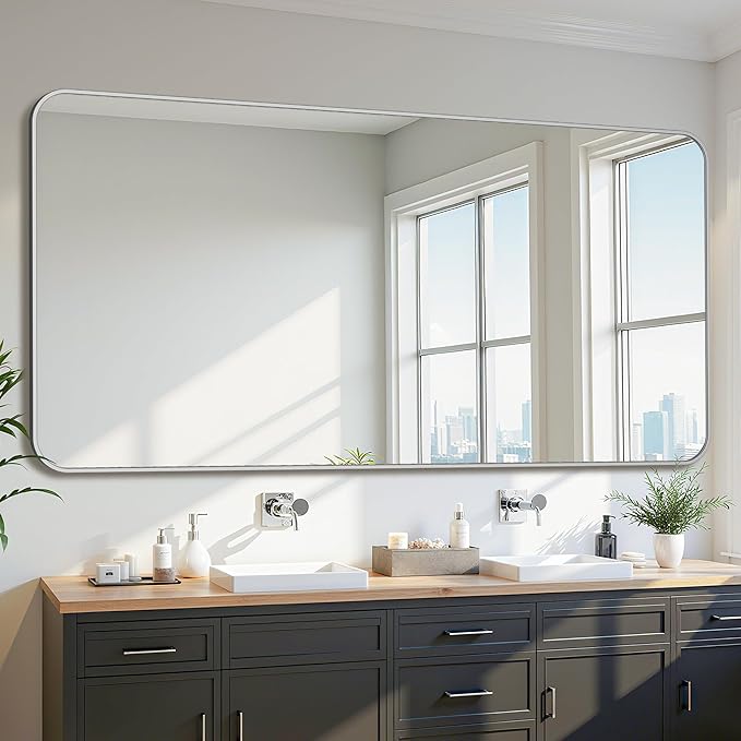 Bathroom Mirror 72" x 36", Large Rectangle Wall Mirror, Silver Metal Frame Wall Mounted Mirrors for Bathroom, Vanity, Bedroom, Entryway Decor(Horizontal/Vertical)-Ruum Studio Home
