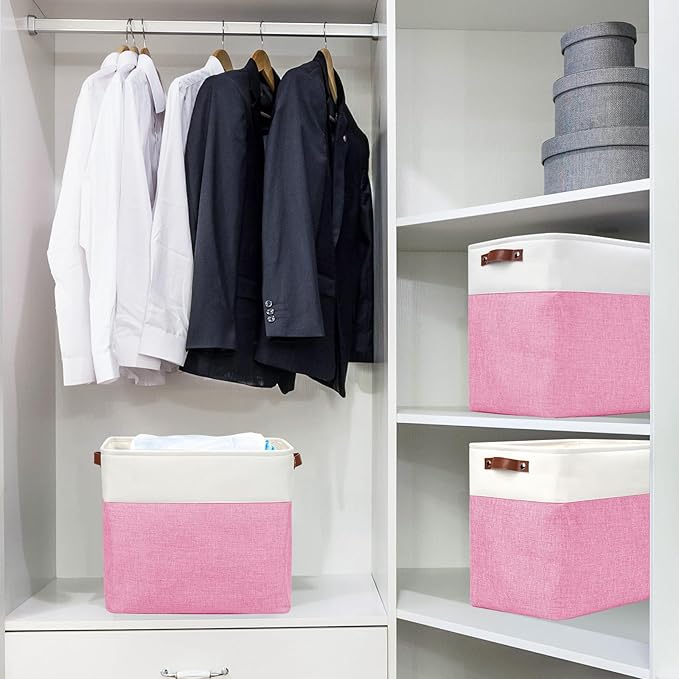 Large Fabric Storage Baskets | 50L Storage Bins, Decorative Linen Closet Baskets with Handles for Organizing, Shelf, Toys, Clothes, Home, Office, Nursery, 17x12x15Inches (Pink&White)-Ruum Studio Home