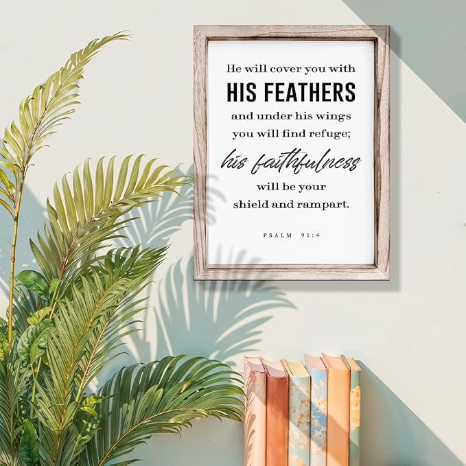 Christian Decor Signs, Framed Wall Plaque Sign 15 * 11.5 inches, Religious Home Decor, Inspirational Christian Gift for Him, He will Cover You with His Feathers Sign-Ruum Studio Home