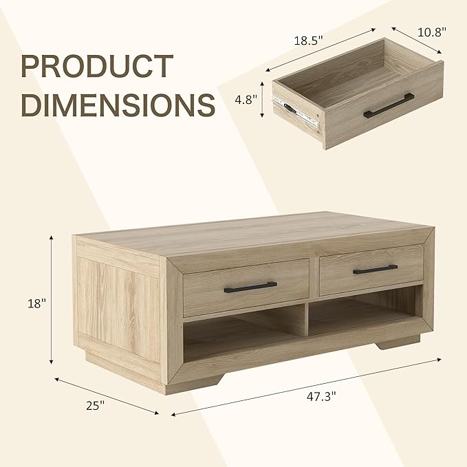Hazel Coffee Table with 4 Storage Drawers and Open Shelf, Metal Handles, Rectangular Modern Luxury Table for Living Room-Ruum Studio Home