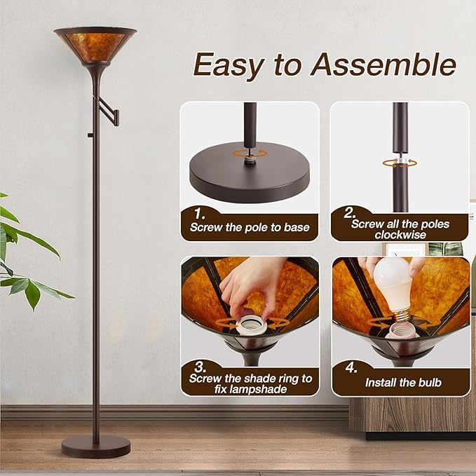Floor Lamps for Living Room - 70" Brown Torchiere Standing Floor Lamp with Adjustable Swing Arm - Tall Corner Lamp Decor for Bedroom with Mica Shade LED Reading Light for Home Office-Ruum Studio Home