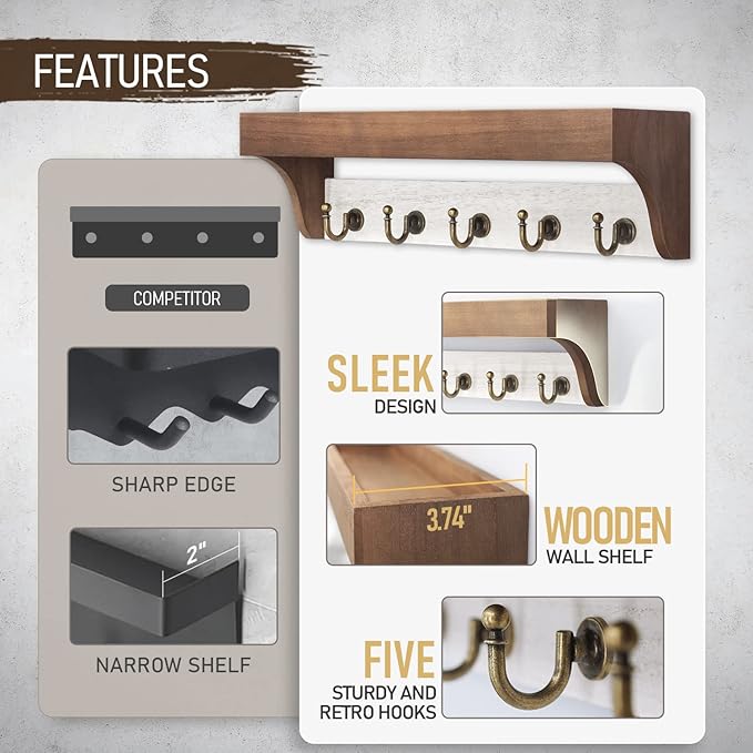 Rebee Vision Key Holder for Wall with Shelf - Farmhouse 2-Color Key Rack with 5 Retro Keys Hooks and Primitive Wood Mail Organizer Wall Mount - Decorative Rustic Home Decor (Brown & White)-Ruum Studio Home